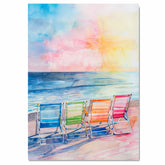 Watercolor Painting of Rainbow Colored Beach Chairs on a Peaceful Shoreline Overlooking a Vibrant Ocean Sunset Sky on Ready to Hang 1.5" Thick Canvas Wrap, Floating Framed Canvas, Flat Rolled Canvas